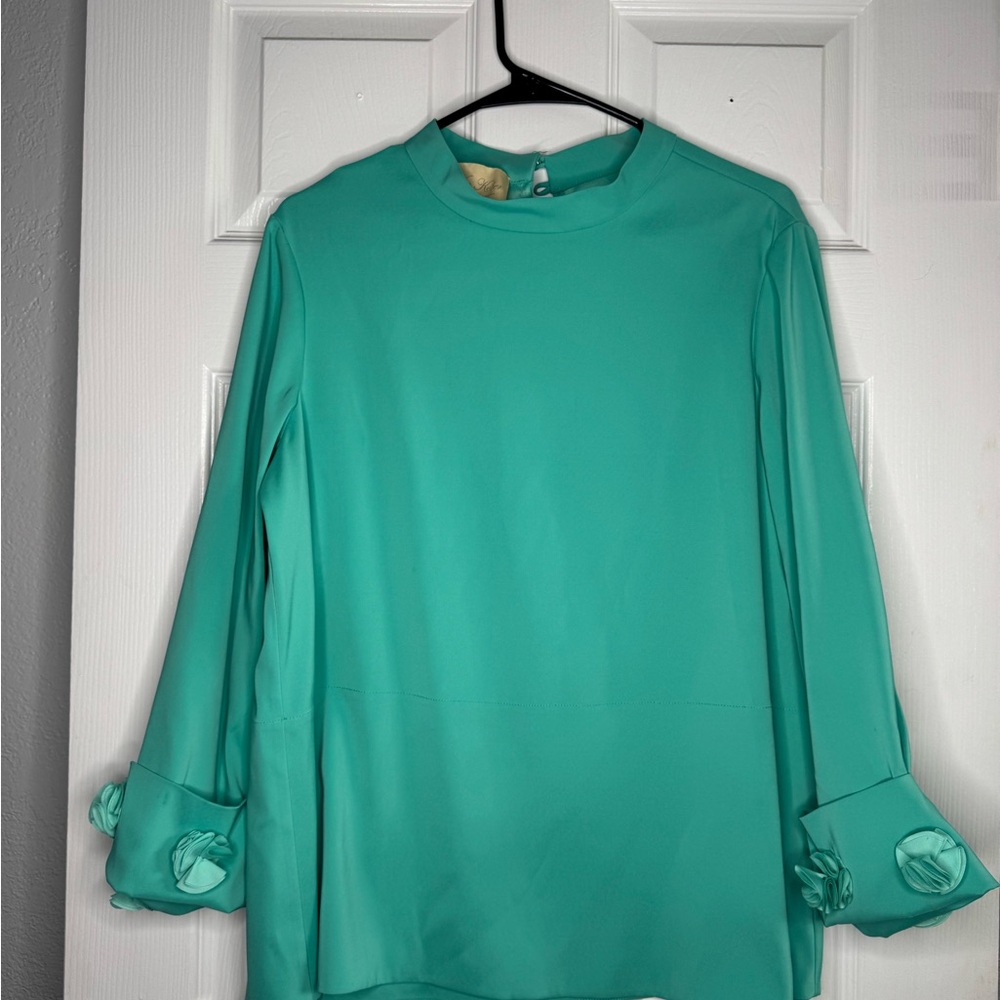 Von Kober Dubai Turquoise Long-Sleeve Blouse with Rosette Cuffs